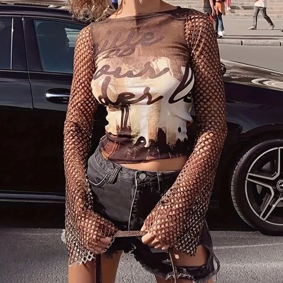 Long Net Sleeves Print Crop Top Brown M/L - Picture 1 of 7